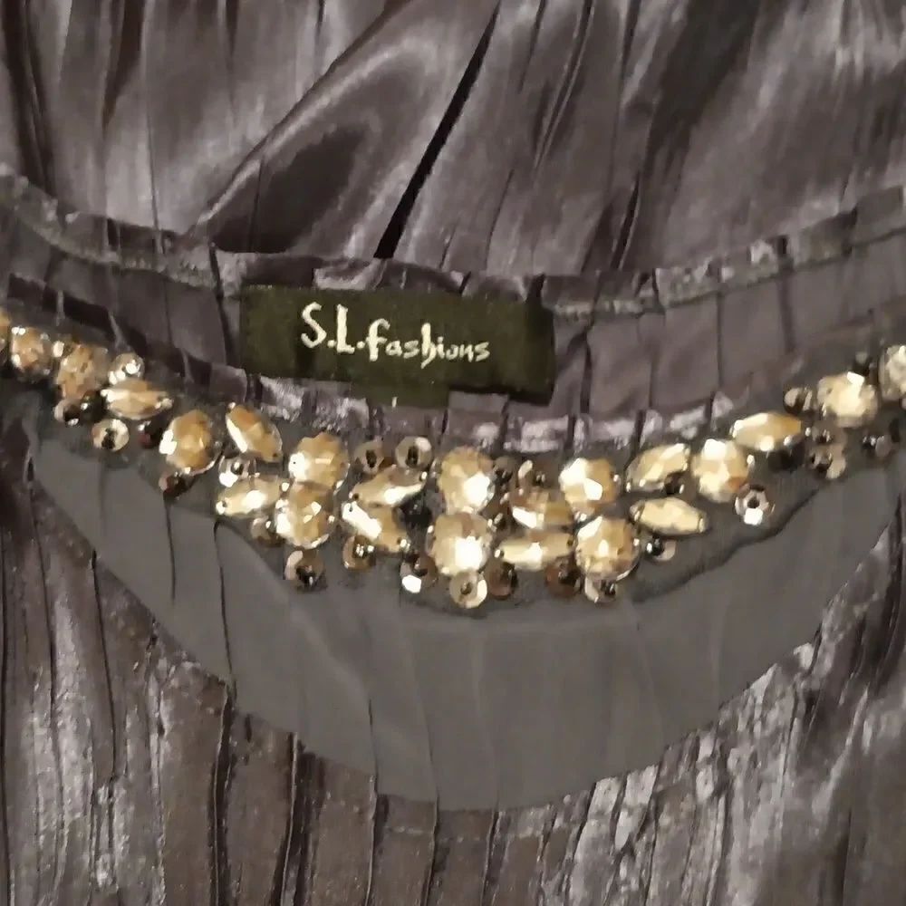 S.L. Fashions black Charmeuse sleeveless crinkle embellished dress size L - Picture 11 of 11